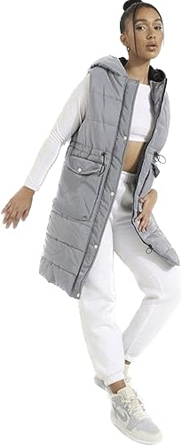 Worldclassca Damen Steppweste LANG MIT Kapuze Weste ÄRMELLOS Outdoor Steppmantel ÜBERGANGSJACKE Herbst Winter GESTEPPT WARM Jacke Blogger Fashion NEU S-XL (M, Grau) von Worldclassca