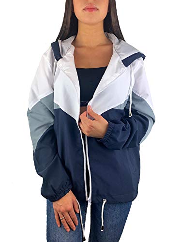 Worldclassca DAMEN WINDBREAKER FESTIVAL JACKE BLOCK 90s BLOUSON REGEN KAPUZENJACKE BOMBERJACKE FRÜHLING HERBST SOMMER RETRO ÜBERGANGSJACKE REIßVERSCHLUSS WASSERABWEISEND BLOGGER XS-XL (XS, Dunkelblau) von Worldclassca