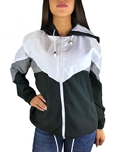 Worldclassca DAMEN WINDBREAKER JOGGING FITNESS ÜBERGANGSJACKE KAPUZE FESTIVAL JACKE BLOCK BLOUSON KAPUZENJACKE BOMBERJACKE RETRO KONTRAST FARBE REIßVERSCHLUSS ZIP BLOGGER XS-XL NEU (L, Schwarz) von Worldclassca