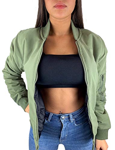 Worldclassca Damen Bomber Jacke Bomberjacke Retro Piloten Biker ÜBERGANGS Blouson Fliegerjacke Army Parka KURZ MIT REIßVERSCHLUSS Zip VIELE Farben (M/L-(38-40), Khaki-matt) von Worldclassca