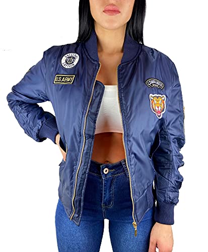 Worldclassca Damen Bomber Jacke MIT Army MILITÄR Patches ÜBERGANGSJACKE Bomberjacke Blouson Piloten Jacke Fliegerjacke Blogger Clubwear NEU REIßVERSCHLUSS NEU XS-L (S, Blau) von Worldclassca