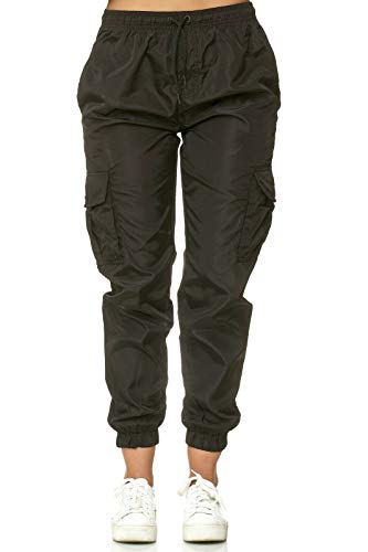 Worldclassca Damen Cargohose Jogginghose Uni Windbreaker GLÄNZEND Hose EINFARBIG Fitnesshose Sweatpants Freizeithose Fitness Blogger XS-XL 34-42 NEU (L, Schwarz) von Worldclassca