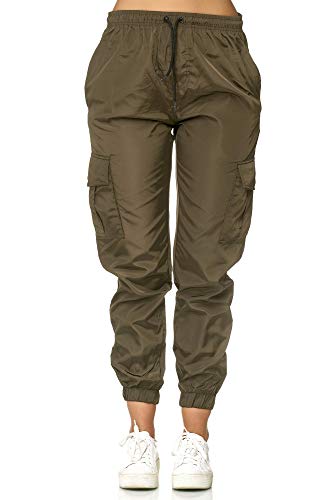 Worldclassca Damen Cargohose Jogginghose Uni Windbreaker GLÄNZEND Hose EINFARBIG Fitnesshose Sweatpants Freizeithose Fitness Blogger XS-XL 34-42 NEU (M, Khaki) von Worldclassca