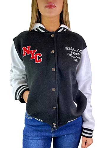 Worldclassca Damen Collegejacke Varsity Kapuzenjacke mit Patches Aufnähern Oversize Sweatjacke Hoodie Übergangsjacke College Bomberjacke Blouson Baseball Jacke Farben Neu S-L (M, Schwarz) von Worldclassca