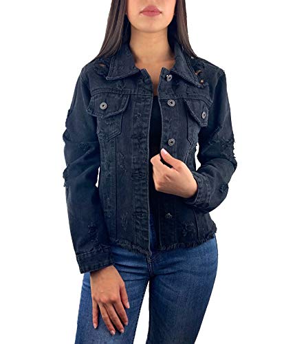 Worldclassca Damen Jeansjacke KURZ Jeans MIT Rissen Sommer LEICHTE Jacke Vintage Button Used WASH FRANSEN ÜBERGANGSJACKE Fashion Blogger DENIMWEAR BLAU Denim Destroyed Cut Out XS-XL (M, Schwarz) von Worldclassca