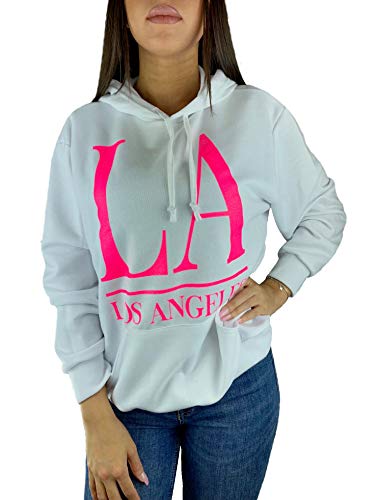 Worldclassca Damen Kapuzenpullover LOS Angeles Sweatshirt Sommer Hoodie Langarmshirt Oberteil Pulli Fitness Sport VIELE Farben Blogger NEU (M/L - 40/42, Weiss-Pink) von Worldclassca