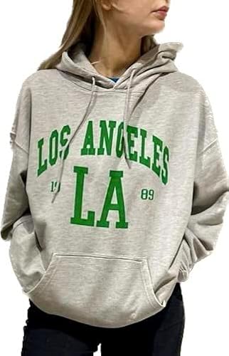 Worldclassca Damen Mädchen Oversized Hoodie Colloge Kapuzenpullover Lounge Sweatshirt Bedruckt LA Los Angeles Freizeit Sport Langarmshirt Oberteil Pulli (Grau) von Worldclassca