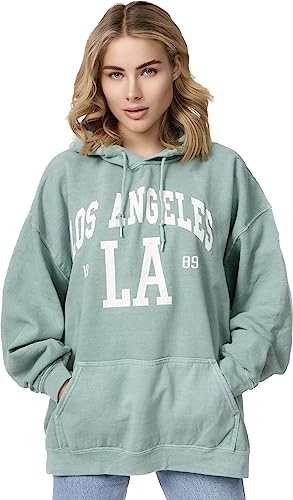 Worldclassca Damen Mädchen Oversized Hoodie Colloge Kapuzenpullover Lounge Sweatshirt Bedruckt LA Los Angeles Freizeit Sport Langarmshirt Oberteil Pulli (Mintgrün) von Worldclassca