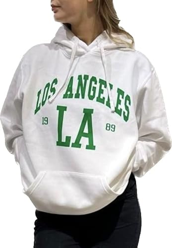 Worldclassca Damen Mädchen Oversized Hoodie Colloge Kapuzenpullover Lounge Sweatshirt Bedruckt LA Los Angeles Freizeit Sport Langarmshirt Oberteil Pulli (Weiß) von Worldclassca