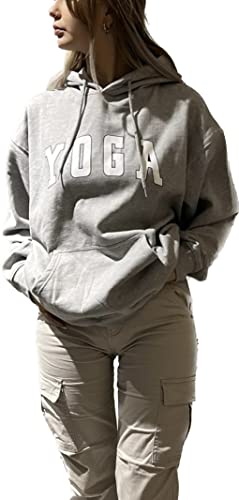 Worldclassca Damen Mädchen Oversized Hoodie Colloge Kapuzenpullover Lounge Sweatshirt Bedruckt Yoga Freizeit Sport Langarmshirt Oberteil Pulli (Grau) von Worldclassca