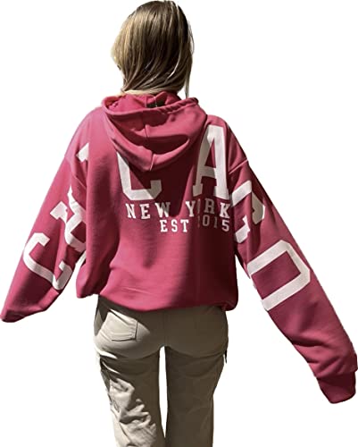 Worldclassca Damen Mädchen Oversized Hoodie Kapuzenpullover Lounge Sweatshirt Bedruckt Chicago New York Uni Farben Freizeit Sport Langarmshirt Oberteil Pulli Blogger NEU (Pink) von Worldclassca