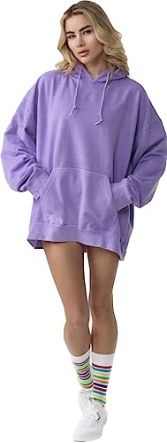 Worldclassca Damen Mädchen Oversized Hoodie Uni Colloge Kapuzenpullover Einfarbig Lounge Sweatshirt Freizeit Sport Langarmshirt Oberteil Pulli Einheitsgrösse S-XL Neu (Lila) von Worldclassca