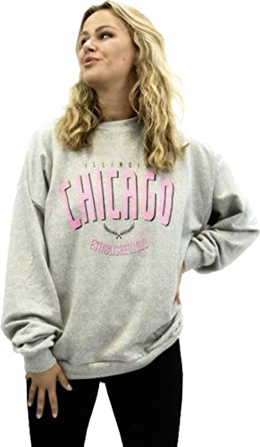 Worldclassca Damen Oversized Sweatshirt Shirt Loungewear Homewear Sweater Bedruckt Schriftzug Chicago College Uni Freizeit Langarmshirt Oberteil Pullover (Grau) von Worldclassca