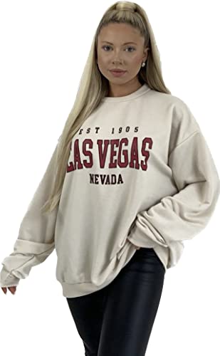 Worldclassca Damen Oversized Sweatshirt Shirt Loungewear Homewear Sweater Bedruckt Schriftzug LAS Vegas College Uni Freizeit Langarmshirt Oberteil Pullover (Beige) von Worldclassca