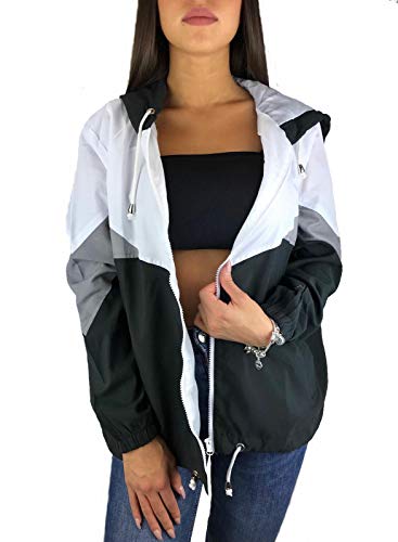 Worldclassca Damen WINDBRACKER Festival Jacke Block 90s Blouson Regen Kapuzenjacke Bomberjacke FRÜHLING Herbst Sommer Retro ÜBERGANGSJACKE Kontrast Farbe REIßVERSCHLUSS Zip Blogger (S, Schwarz) von Worldclassca