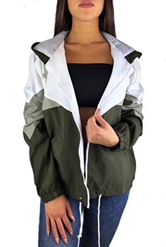 Worldclassca Damen WINDBRACKER Festival Jacke Block 90s Blouson Regen Kapuzenjacke Bomberjacke FRÜHLING Herbst Sommer Retro ÜBERGANGSJACKE Kontrast Farbe REIßVERSCHLUSS Zip Blogger (XL, Grün) von Worldclassca