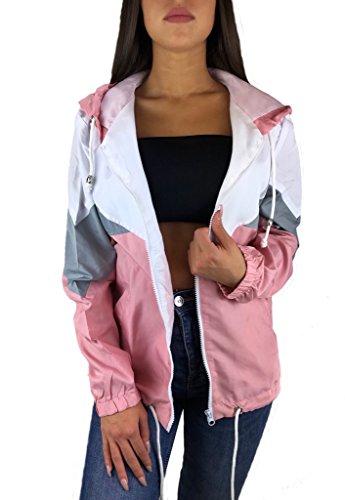 Worldclassca Damen WINDBRACKER Festival Jacke Block 90s Blouson Regen Kapuzenjacke Bomberjacke FRÜHLING Herbst Sommer Retro ÜBERGANGSJACKE Kontrast Farbe REIßVERSCHLUSS Zip Blogger (XL, Rosa) von Worldclassca