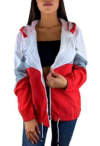 Worldclassca Damen Windbreaker Festival Jacke Block 90s Blouson Regen Kapuzenjacke Bomberjacke FRÜHLING Herbst Sommer ÜBERGANGSJACKE REIßVERSCHLUSS WASSERABWEISEND Blogger XS-XL (M, Rot) von Worldclassca