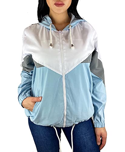 Worldclassca Damen Windbreaker Festival Jacke Block 90s Blouson Regen Kapuzenjacke Bomberjacke FRÜHLING Herbst Sommer ÜBERGANGSJACKE REIßVERSCHLUSS WASSERABWEISEND Blogger XS-XL (XL, Hellblau) von Worldclassca