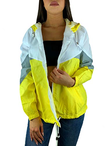 Worldclassca Damen Windbreaker Jogging Fitness ÜBERGANGSJACKE Kapuze Festival Jacke Block Blouson Kapuzenjacke Bomberjacke Retro Kontrast Farbe REIßVERSCHLUSS Zip Blogger XS-XL NEU (L, Gelb) von Worldclassca