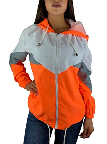 Worldclassca Damen Windbreaker Jogging Fitness ÜBERGANGSJACKE Kapuze Festival Jacke Block Blouson Kapuzenjacke Bomberjacke Retro Kontrast Farbe REIßVERSCHLUSS Zip Blogger XS-XL NEU (XL, Orange) von Worldclassca