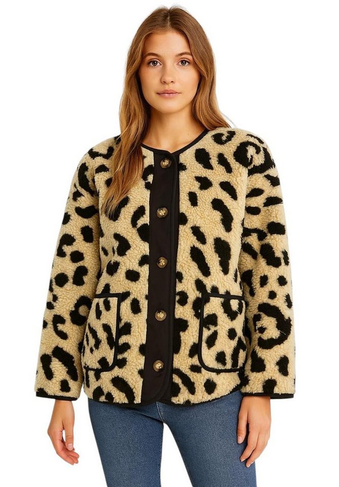 Worldclassca Fellimitatjacke Worldclassca Teddy Jacke Warm Kuschelig Leopard Optik Kurz Plüchjacke Animal Muster von Worldclassca