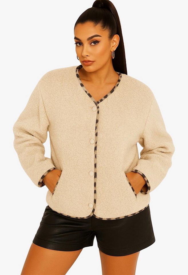 Worldclassca Fellimitatjacke Worldclassca Teddy Jacke Warm Kuschelig Leopard Optik Kurz Plüchjacke Animal Muster von Worldclassca