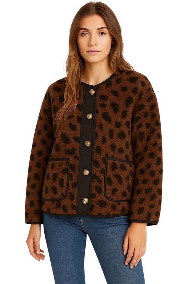 Worldclassca Fellimitatjacke Worldclassca Teddy Jacke Warm Kuschelig Leopard Optik Kurz Plüchjacke Animal Muster von Worldclassca