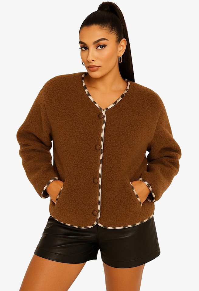 Worldclassca Fellimitatjacke Worldclassca Teddy Jacke Warm Kuschelig Leopard Optik Kurz Plüchjacke Animal Muster von Worldclassca