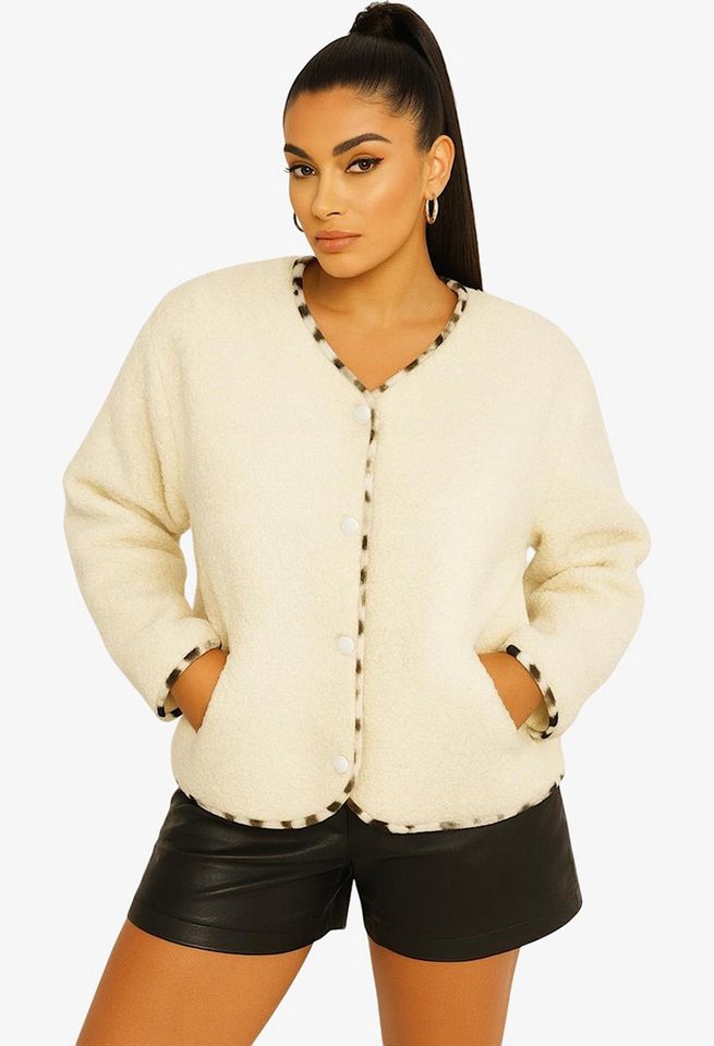 Worldclassca Fellimitatjacke Worldclassca Teddy Jacke Warm Kuschelig Leopard Optik Kurz Plüchjacke Animal Muster von Worldclassca