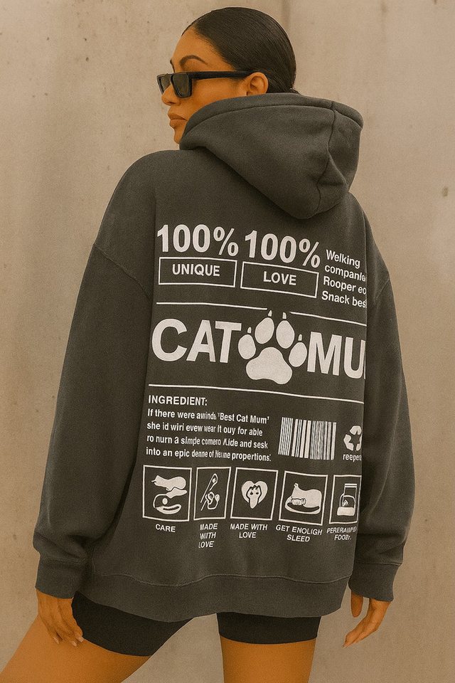 Worldclassca Hoodie Worldclassca Oversized CAT MUM Print Hoodie Kapuzenpullover Sweatshirt PRINT CAT MUM 100% LOVE PLAY von Worldclassca