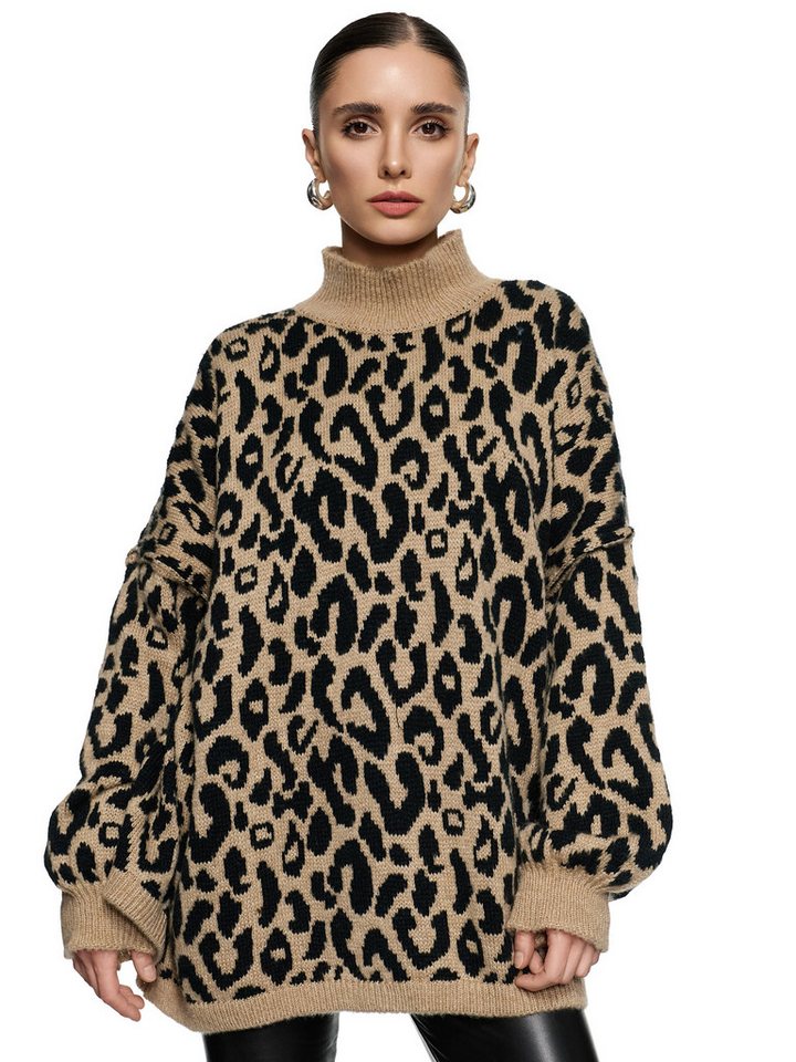 Worldclassca Longpullover WORLDCLASSCA Damen Oversize Strickpulllover Lang Leopard Muster Neue Kollektion - Stilvolle und gemütliche Strickmode für Damen von Worldclassca