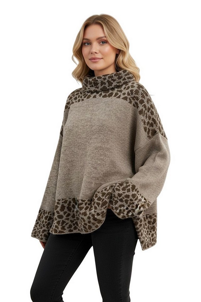 Worldclassca Longpullover WORLDCLASSCA Damen Oversize Strickpulllover Lang Uni + Leopard Muster Neue Kollektion - Stilvolle und gemütliche Strickmode für Damen von Worldclassca