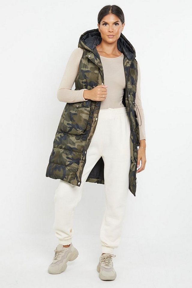 Worldclassca Steppweste Worldclassca STEPPWESTE LANG CAMOUFLAGE KAPUZE ÄRMELLOS ÜBERGANGSJACKE von Worldclassca