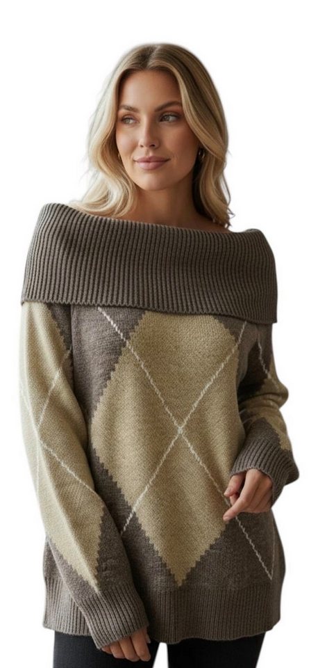 Worldclassca Strickpullover WORLDCLASSCA Strickpulllover Karo Muster Hohlkragen Off Shoulder Pulli Neue Kollektion - Stilvolle und gemütliche Strickmode für Damen von Worldclassca