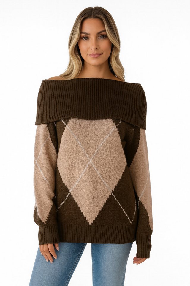 Worldclassca Strickpullover WORLDCLASSCA Strickpulllover Karo Muster Hohlkragen Off Shoulder Pulli Neue Kollektion - Stilvolle und gemütliche Strickmode für Damen von Worldclassca