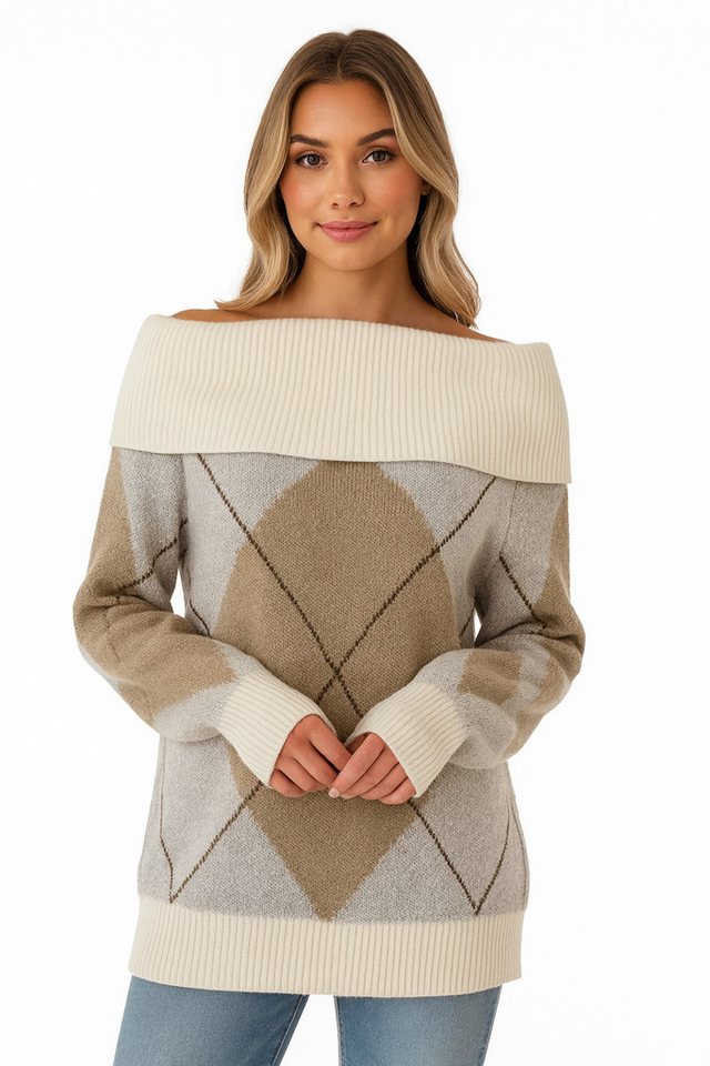 Worldclassca Strickpullover WORLDCLASSCA Strickpulllover Karo Muster Hohlkragen Off Shoulder Pulli Neue Kollektion - Stilvolle und gemütliche Strickmode für Damen von Worldclassca