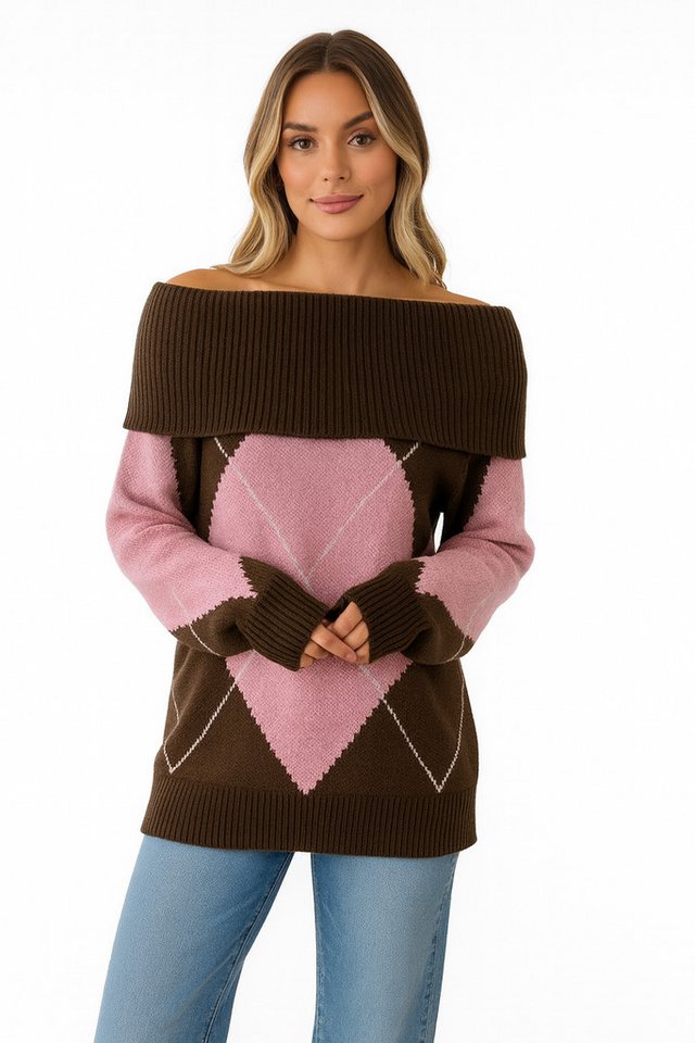 Worldclassca Strickpullover WORLDCLASSCA Strickpulllover Karo Muster Hohlkragen Off Shoulder Pulli Neue Kollektion - Stilvolle und gemütliche Strickmode für Damen von Worldclassca