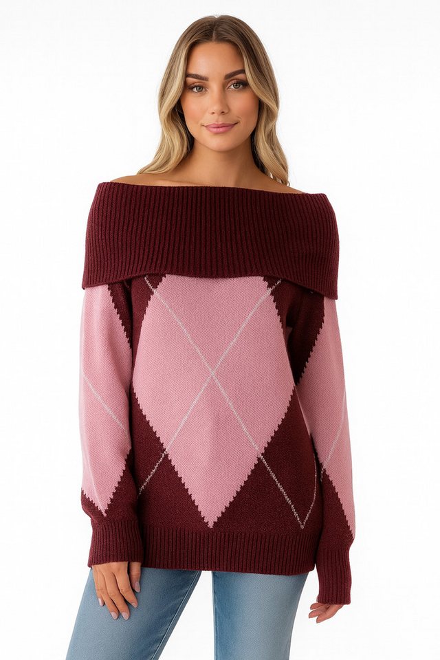 Worldclassca Strickpullover WORLDCLASSCA Strickpulllover Karo Muster Hohlkragen Off Shoulder Pulli Neue Kollektion - Stilvolle und gemütliche Strickmode für Damen von Worldclassca
