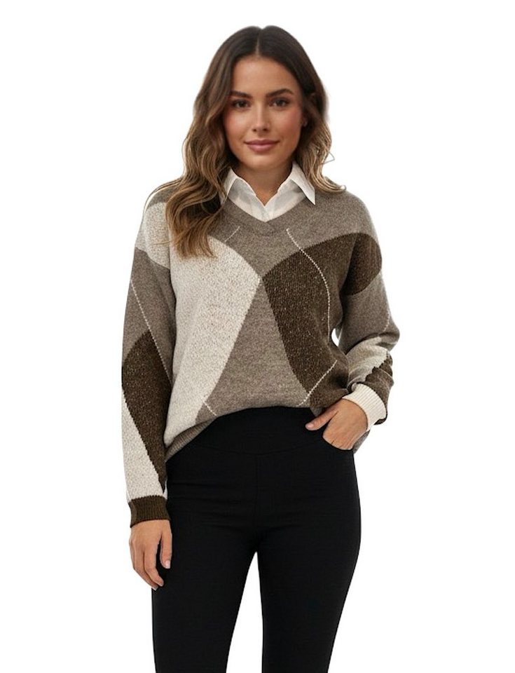 Worldclassca Strickpullover WORLDCLASSCA Strickpullover Kariert Karo mit Bluse Kragen V-Ausschnitt Neue Kollektion - Stilvolle und gemütliche Strickmode für Damen von Worldclassca