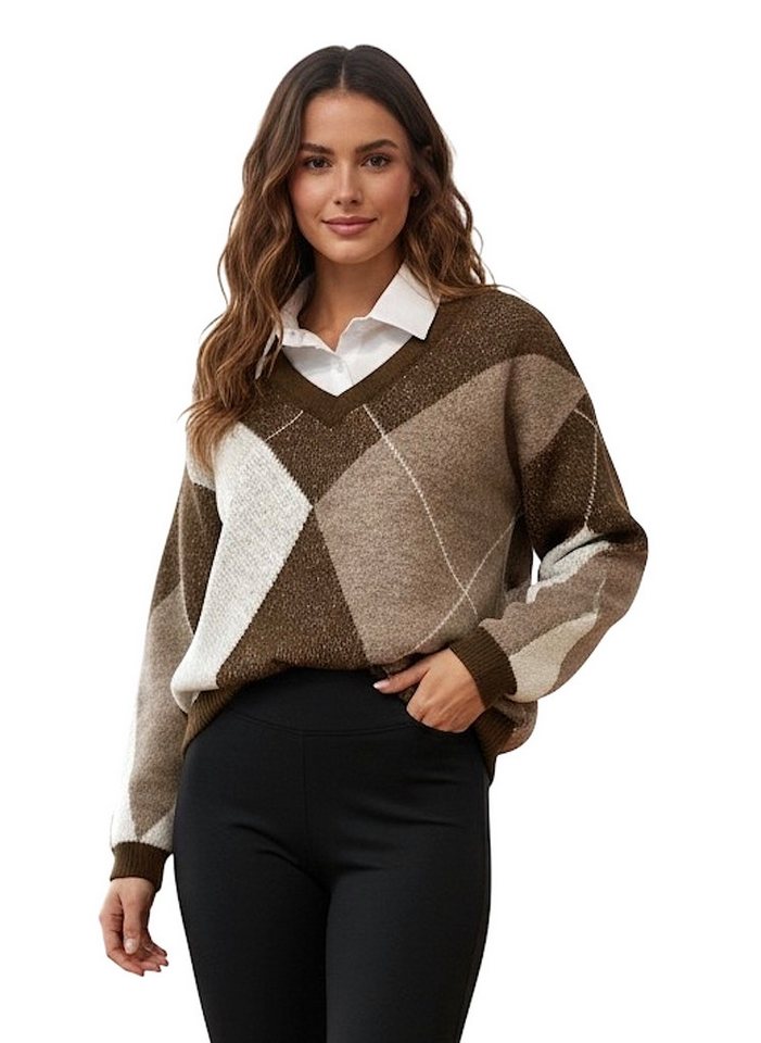 Worldclassca Strickpullover WORLDCLASSCA Strickpullover Kariert Karo mit Bluse Kragen V-Ausschnitt Neue Kollektion - Stilvolle und gemütliche Strickmode für Damen von Worldclassca