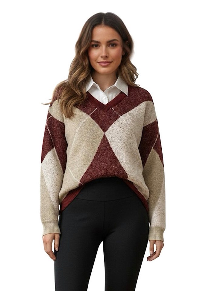 Worldclassca Strickpullover WORLDCLASSCA Strickpullover Kariert Karo mit Bluse Kragen V-Ausschnitt Neue Kollektion - Stilvolle und gemütliche Strickmode für Damen von Worldclassca