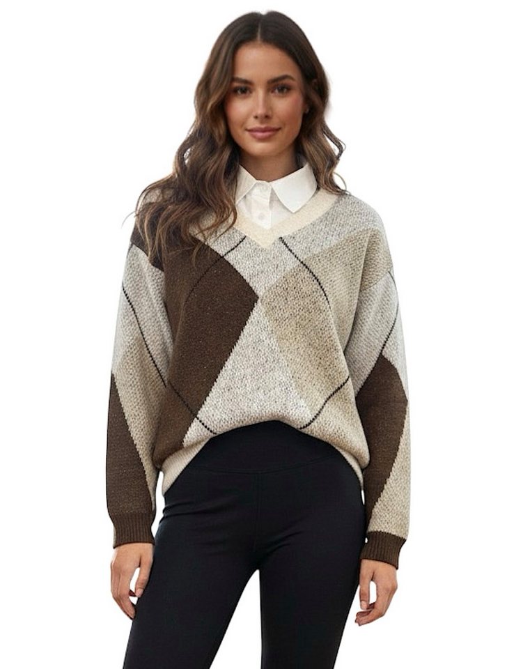 Worldclassca Strickpullover WORLDCLASSCA Strickpullover Kariert Karo mit Bluse Kragen V-Ausschnitt Neue Kollektion - Stilvolle und gemütliche Strickmode für Damen von Worldclassca