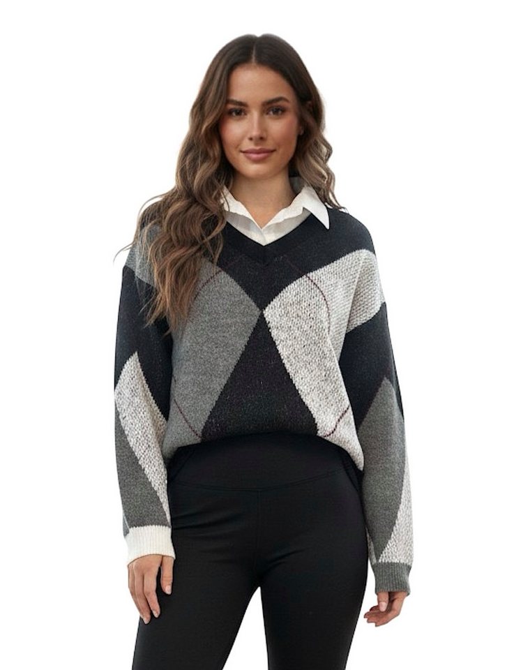 Worldclassca Strickpullover WORLDCLASSCA Strickpullover Kariert Karo mit Bluse Kragen V-Ausschnitt Neue Kollektion - Stilvolle und gemütliche Strickmode für Damen von Worldclassca
