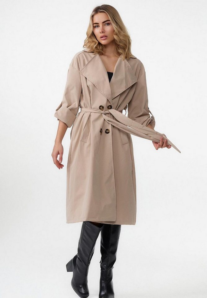 Worldclassca Trenchcoat Worldclassca TRENCHCOAT Oversize mit Gürtel Reverskragen Mantel Beige von Worldclassca