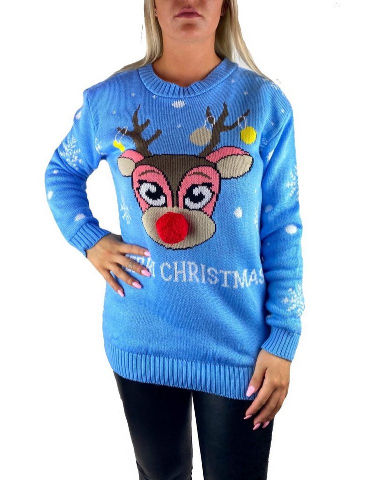 Worldclassca Weihnachtspullover Worldclassca Weihnachten Merry Christmas Sweater Damen Pullover Teenager Mädchen Pulli Weihnachtspullover Xmas Rudolph Rentier Rote Bommel Nase S-XXL von Worldclassca