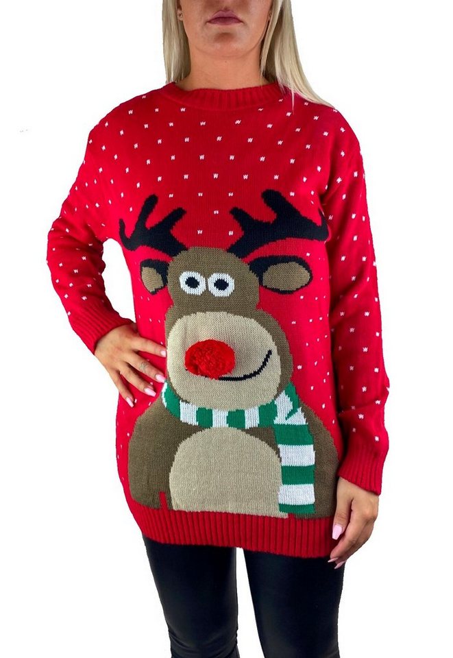 Worldclassca Weihnachtspullover Worldclassca Weihnachten Merry Christmas Sweater Damen Pullover Teenager Mädchen Pulli Weihnachtspullover Xmas Rudolph Rentier Rote Bommel Nase S-XXL von Worldclassca