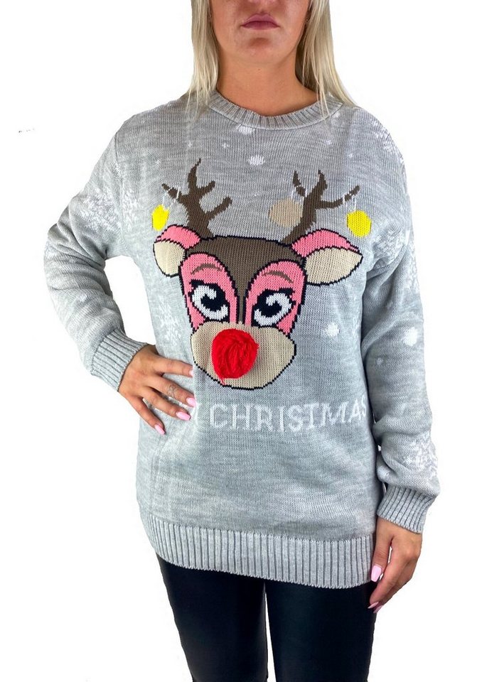 Worldclassca Weihnachtspullover Worldclassca Weihnachten Merry Christmas Sweater Damen Pullover Teenager Mädchen Pulli Weihnachtspullover Xmas Rudolph Rentier Rote Bommel Nase S-XXL von Worldclassca