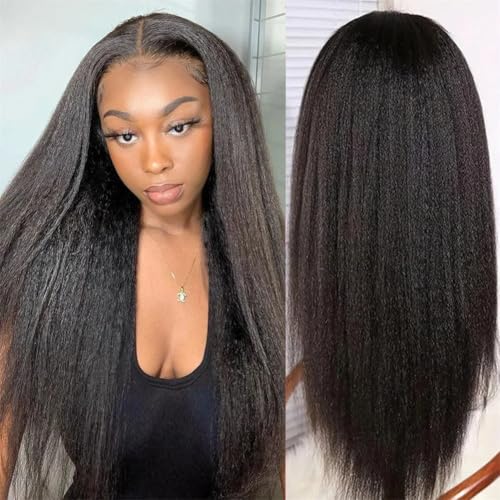 Kinky Straight Lace Front Wigs Human Hair 150% Density 13x4 Glueless Wigs for Women 24 inch Yaki Straight Wig Pre Plucked with Baby Hair Natural Black Color Kinky Straight Lace Front Wigs Human Hair 150% Density 13x4 Glueless Wigs for Women 24 inch Yaki Straight Wig Pre Plucked with Baby Hair Natural Black Color von Worldnewhair