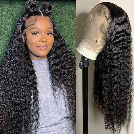 Perücke Deep Wave Lace Front Human Hair 81cm Lang Lockenperücke Lace Front für Frauen Human Hair 150% Dichte Perücke Kleberfrei Natural Human Hair Schwarz (32 inch) von Worldnewhair